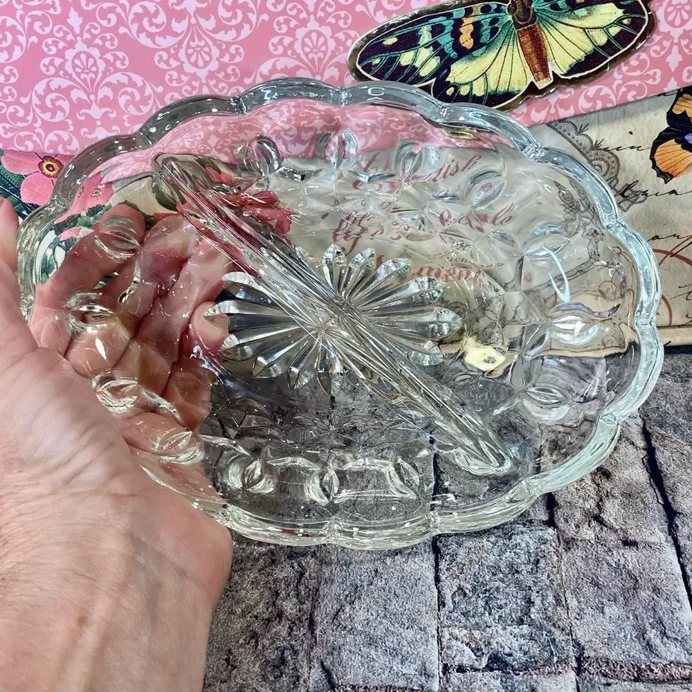 Vintage Divided Relish Dish Ellegant Serving Ware Wavy Edge Starburst Pattern